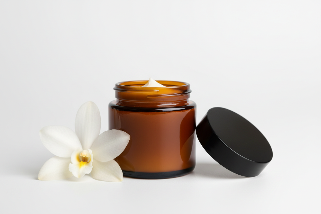 Vanilla body butter in an AMBER glass 4oz jar (2" in height). Vanilla flower next to jar. Black lid off